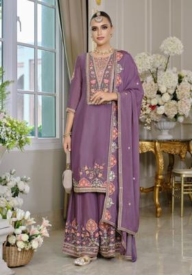 Lavender Embroidered Chinon Kurta Sets