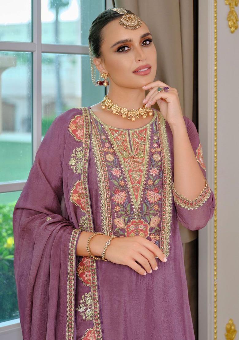 Lavender Embroidered Chinon Kurta Sets - Indya