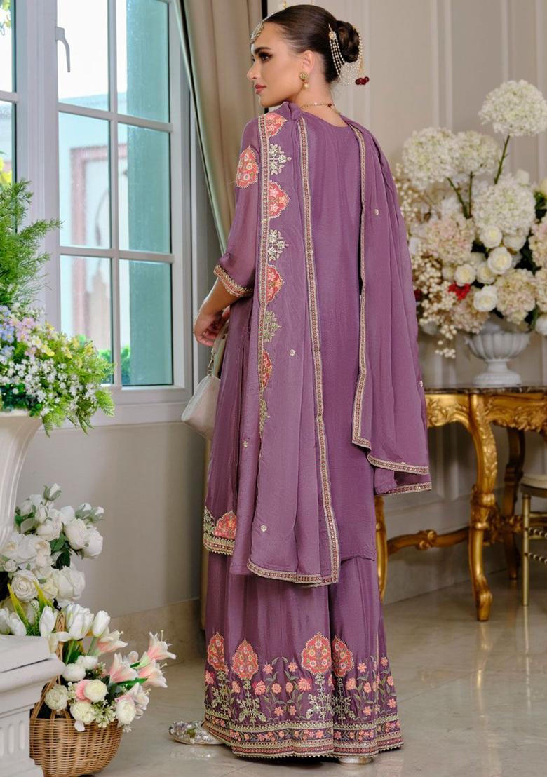 Lavender Embroidered Chinon Kurta Sets - Indya