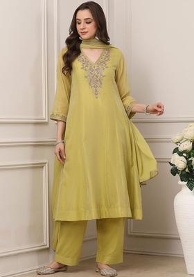 Lime Green Embroidered Polyester Kurta Sets