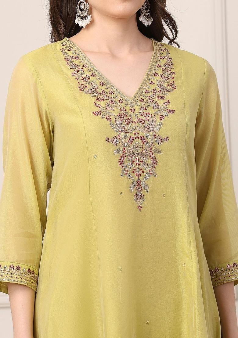 Lime Green Embroidered Polyester Kurta Sets - Indya