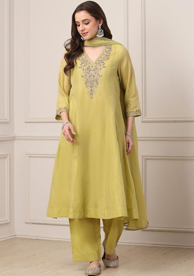Lime Green Embroidered Polyester Kurta Sets - Indya