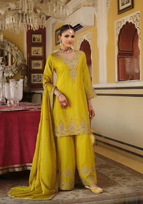 Yellow Embroidered Chinon Kurta Sets