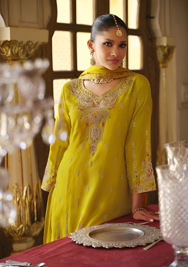 Yellow Embroidered Chinon Kurta Sets - Indya