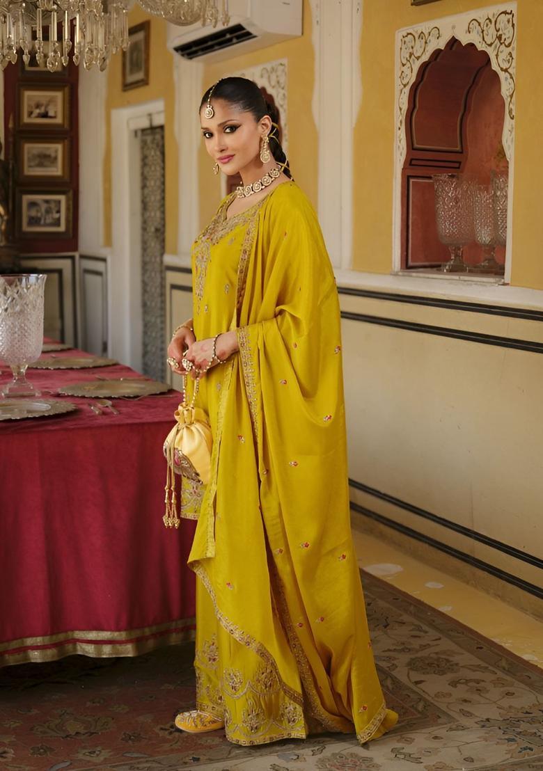 Yellow Embroidered Chinon Kurta Sets - Indya