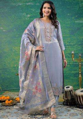 Grey Embroidered Cotton Kurta Sets