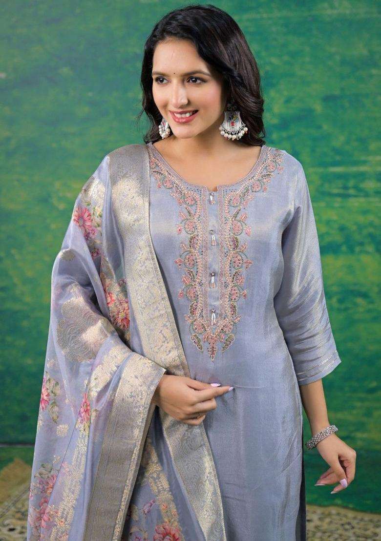 Grey Embroidered Cotton Kurta Sets - Indya