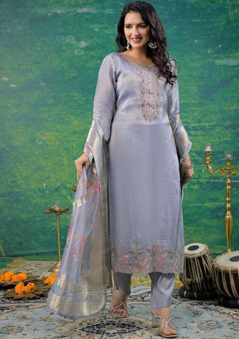 Grey Embroidered Cotton Kurta Sets - Indya
