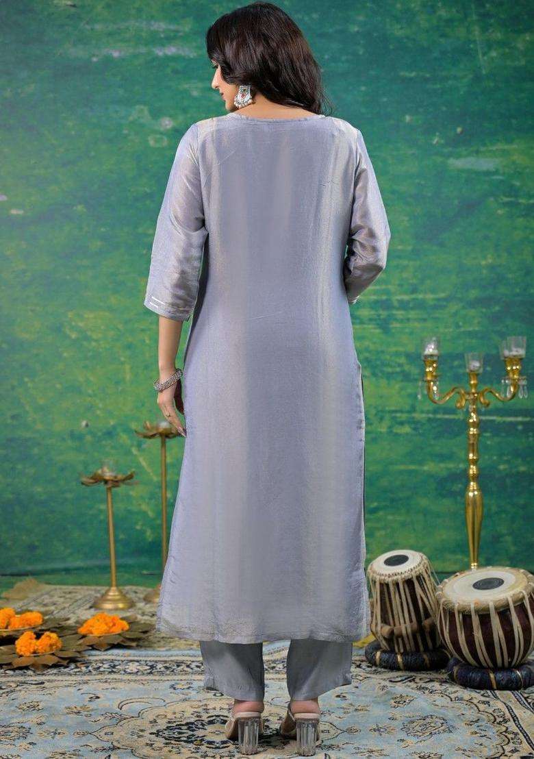 Grey Embroidered Cotton Kurta Sets - Indya