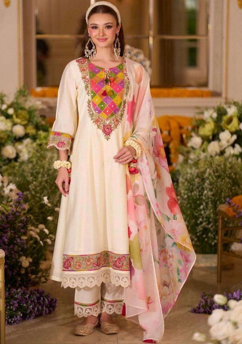 Cream Solid Viscose Kurta Sets - Indya