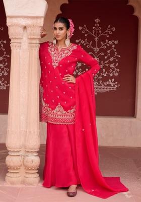 Red Embroidered Chinon Kurta Sets