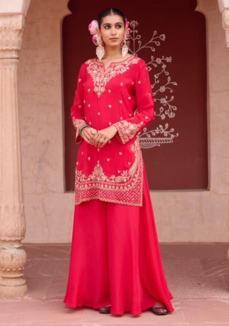 Red Embroidered Chinon Kurta Sets - Indya