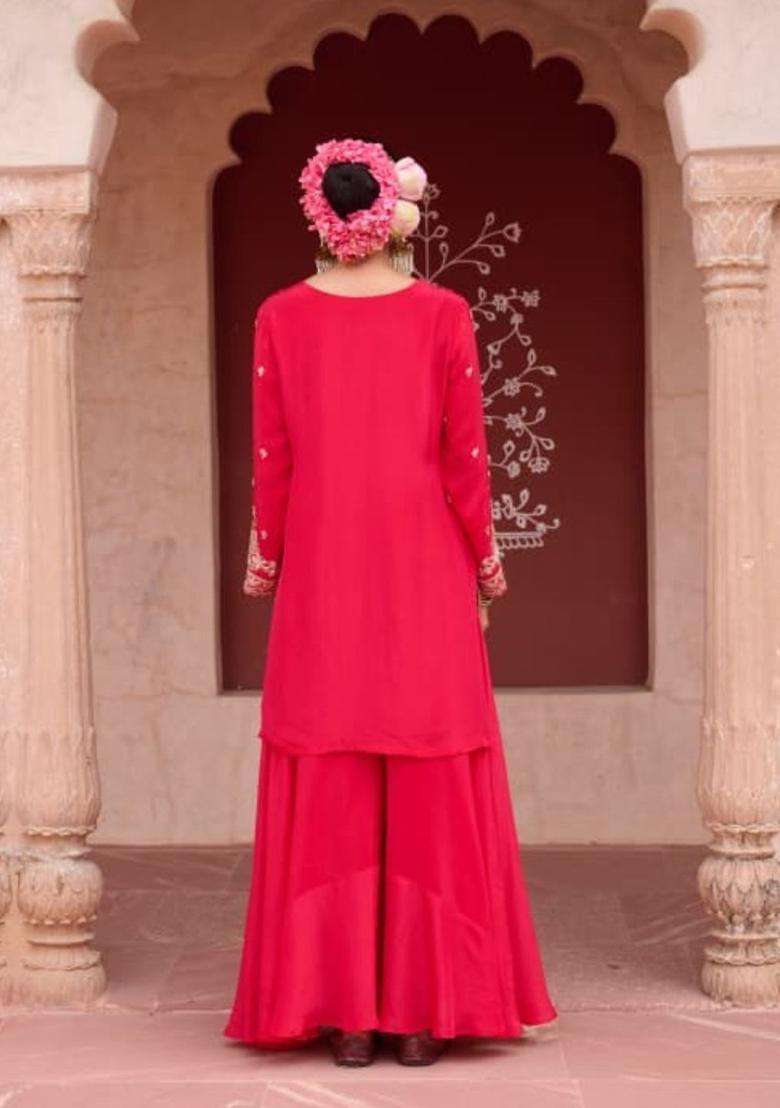 Red Embroidered Chinon Kurta Sets - Indya