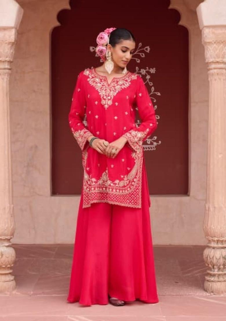 Red Embroidered Chinon Kurta Sets - Indya