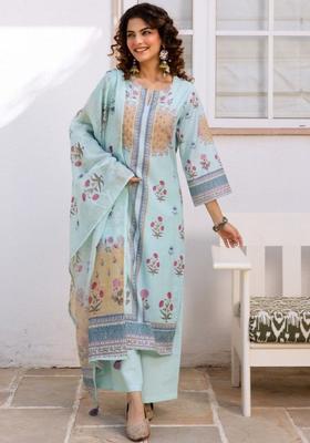 Turquoise Blue Printed Cotton Kurta Sets