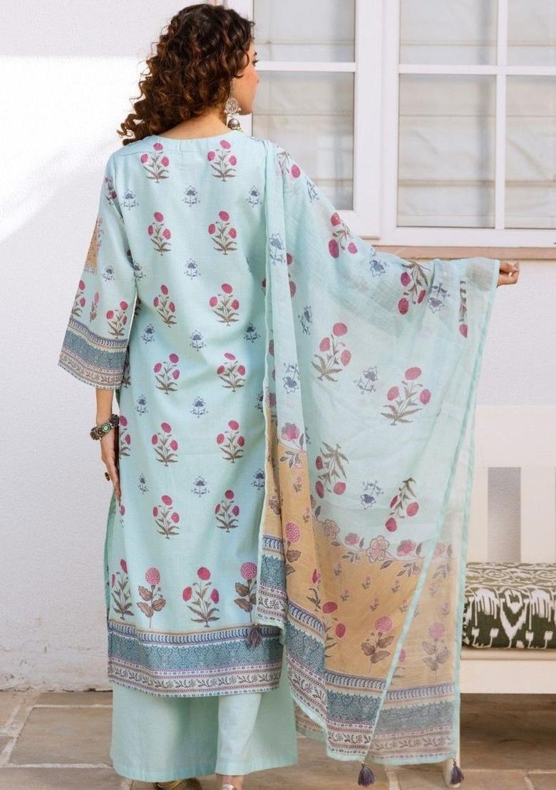 Turquoise Blue Printed Cotton Kurta Sets - Indya