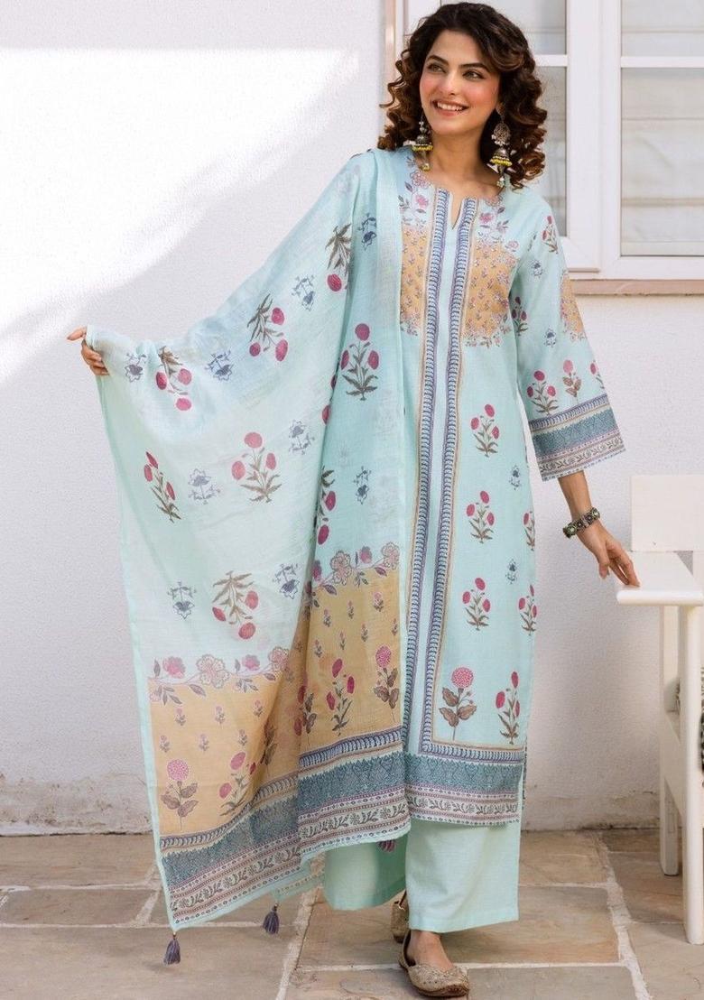 Turquoise Blue Printed Cotton Kurta Sets - Indya