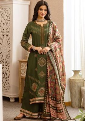Olive Embroidered Cotton Kurta Sets
