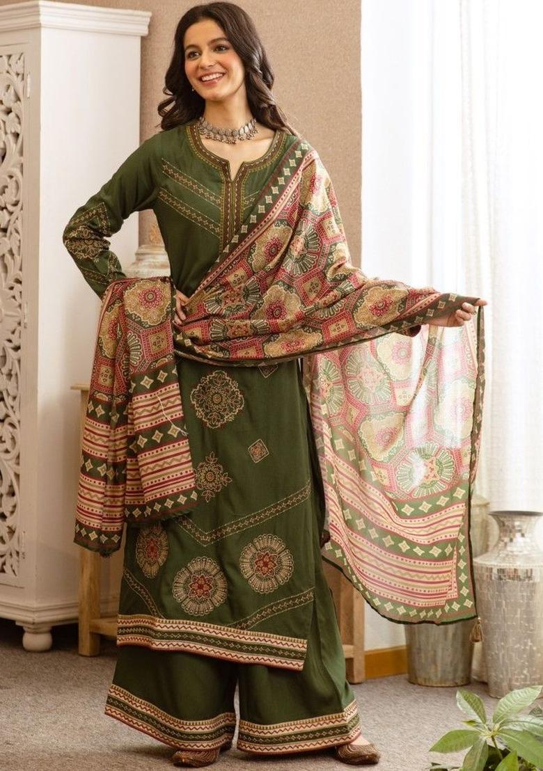 Olive Embroidered Cotton Kurta Sets - Indya