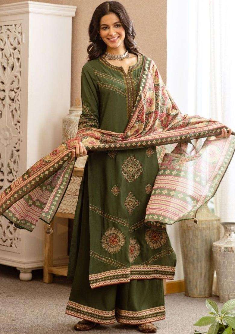 Olive Embroidered Cotton Kurta Sets - Indya