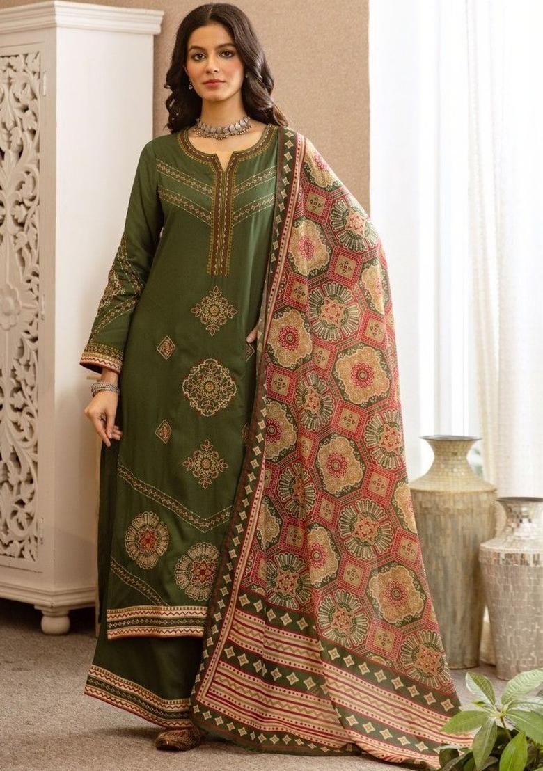 Olive Embroidered Cotton Kurta Sets - Indya