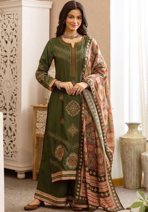 Olive Embroidered Cotton Kurta Sets