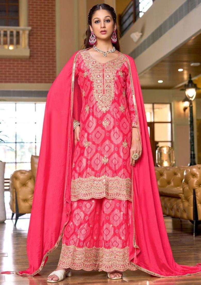 Pink Printed Chinon Kurta Sets - Indya