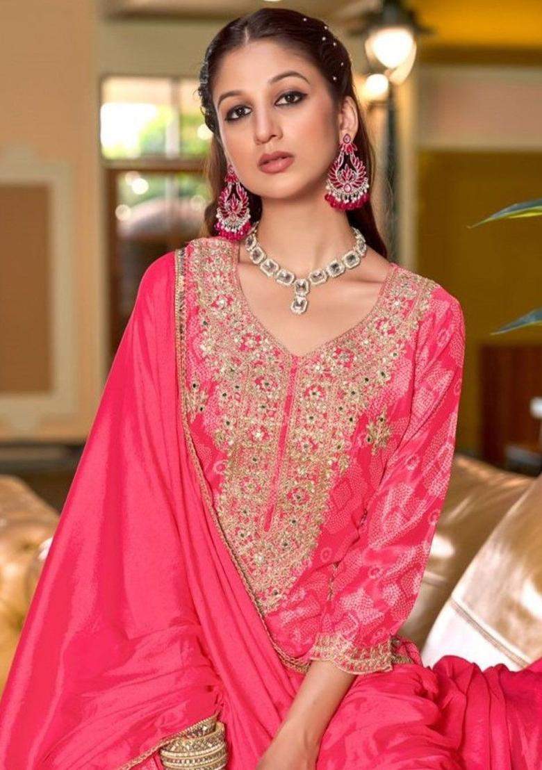 Pink Printed Chinon Kurta Sets - Indya
