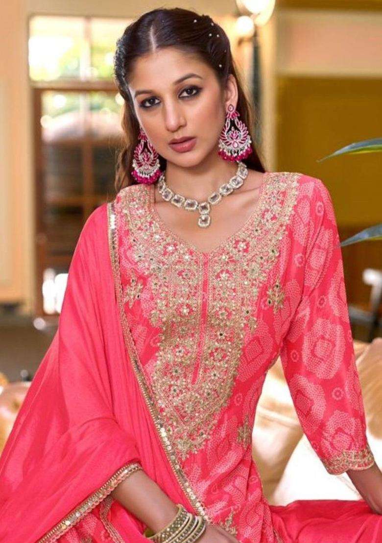 Pink Printed Chinon Kurta Sets - Indya