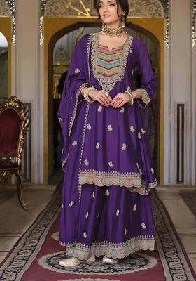 Purple Embroidered Chinon Kurta Sets