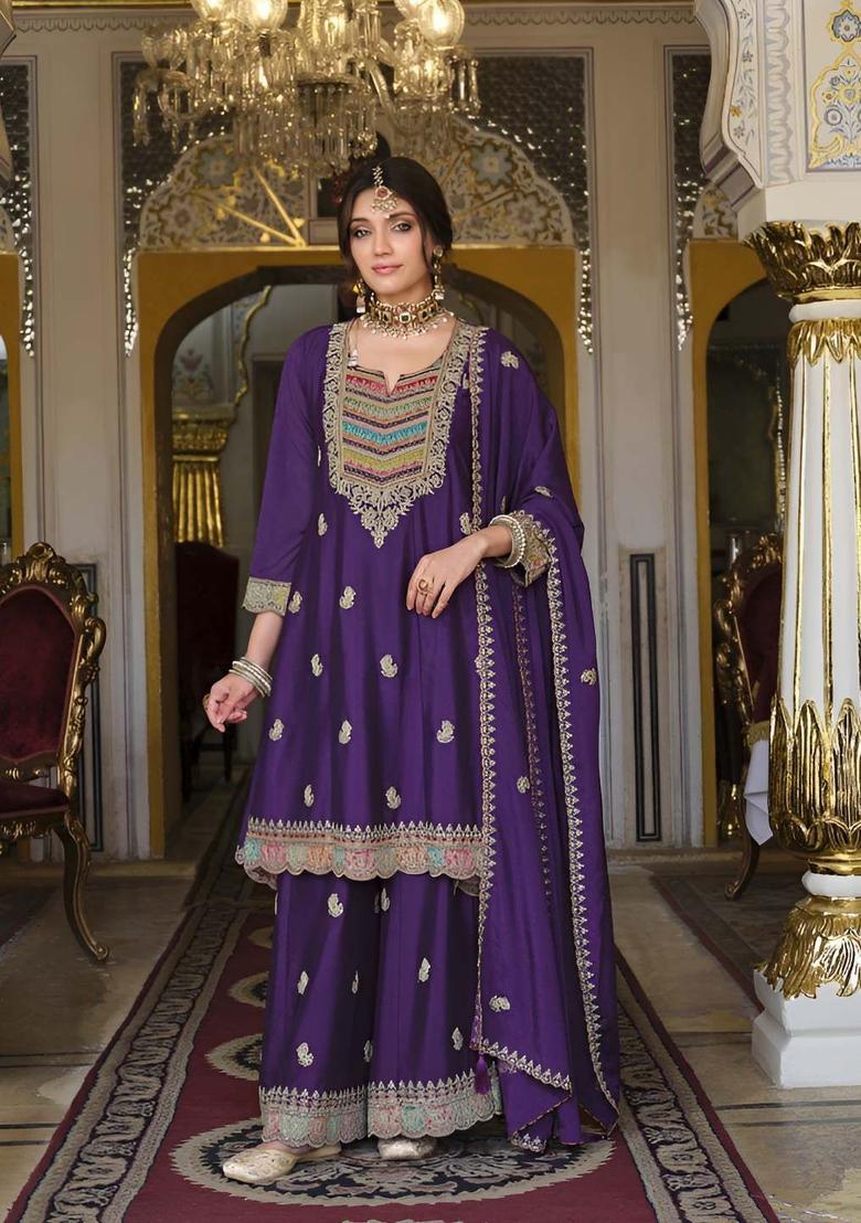Purple Embroidered Chinon Kurta Sets - Indya