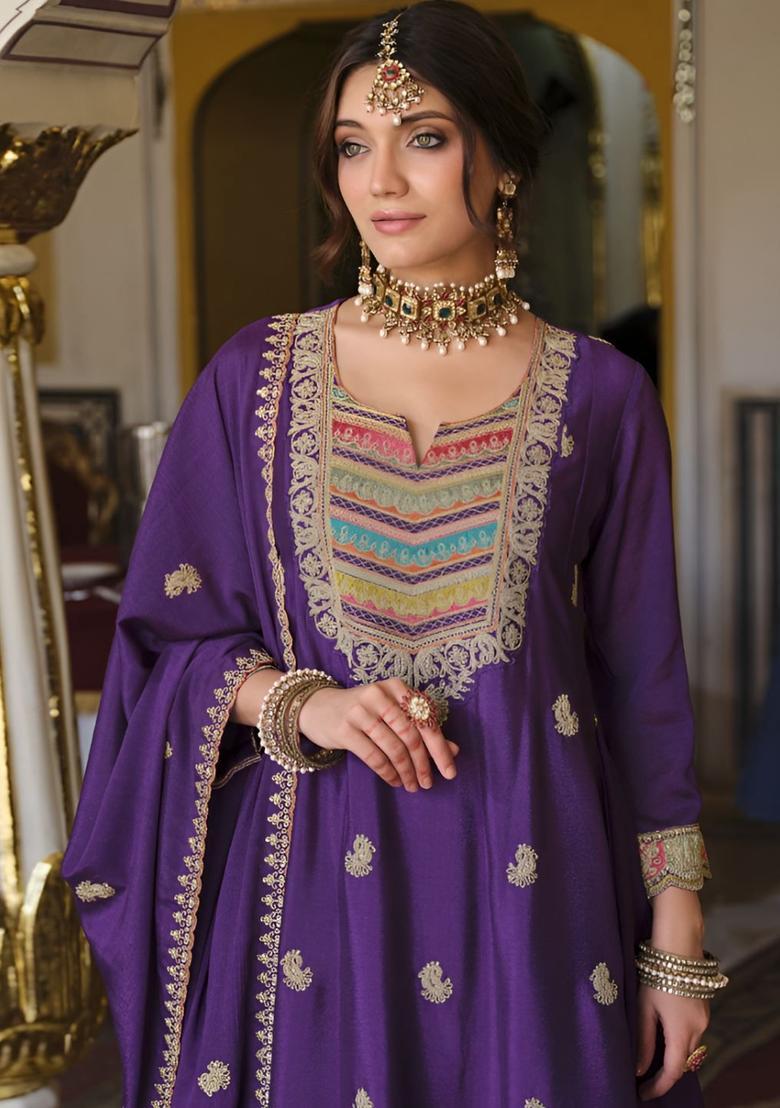Purple Embroidered Chinon Kurta Sets - Indya