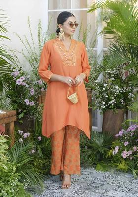 Orange Printed Silk Blend Kurta Sets