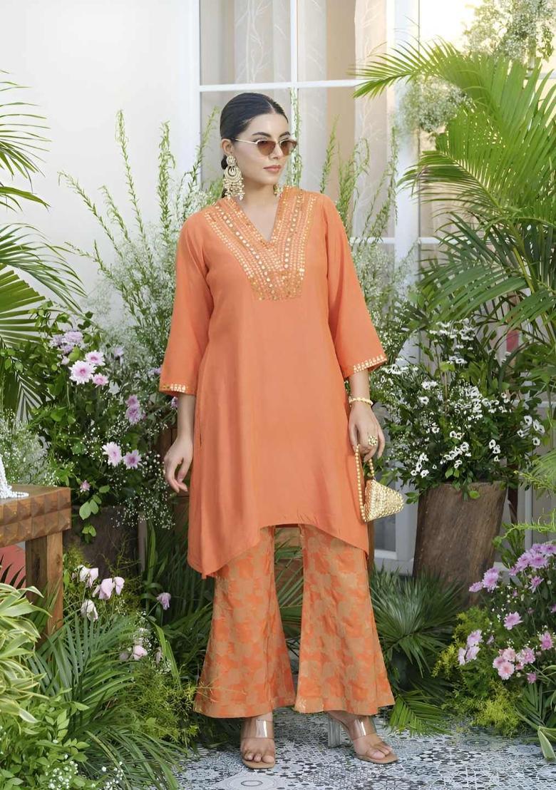 Orange Printed Silk Blend Kurta Sets - Indya