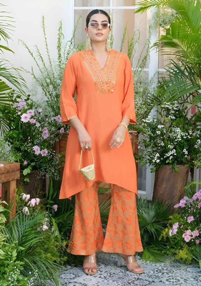 Orange Printed Silk Blend Kurta Sets - Indya