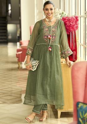 Green Embroidered Nylon Anarkli Sets