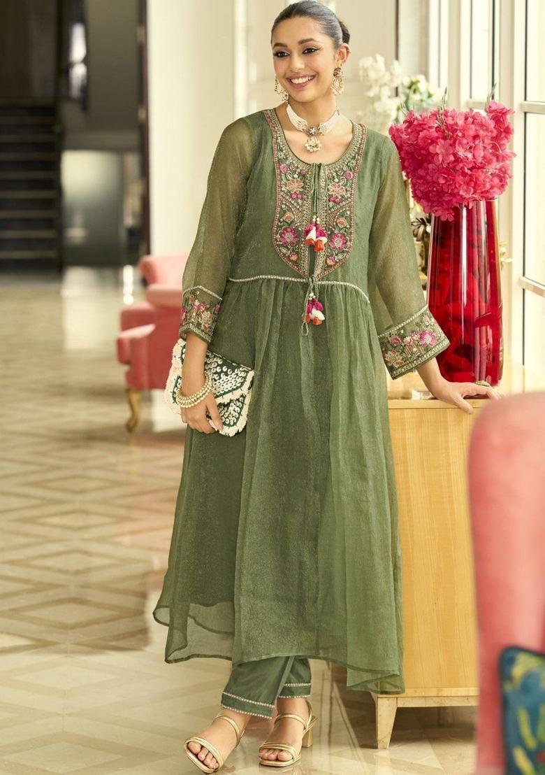 Green Embroidered Nylon Anarkli Sets - Indya
