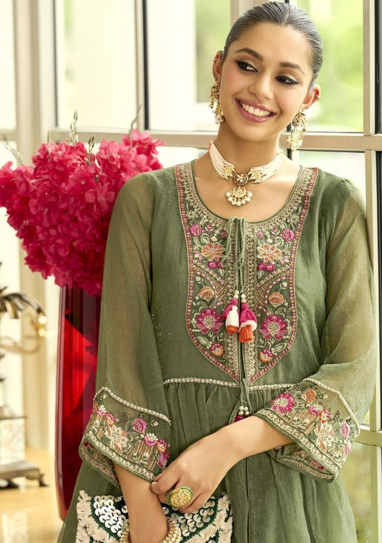 Green Embroidered Nylon Anarkli Sets - Indya