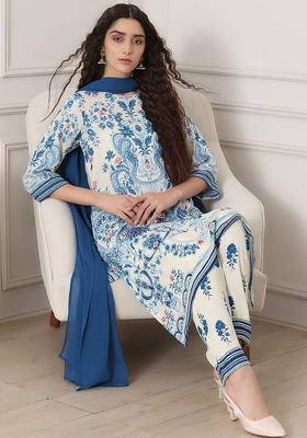 Off White Printed Viscose Kurta Sets