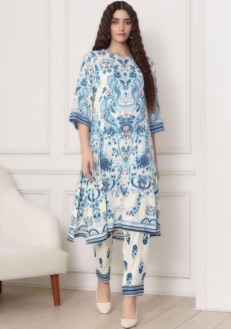 Off White Printed Viscose Kurta Sets - Indya