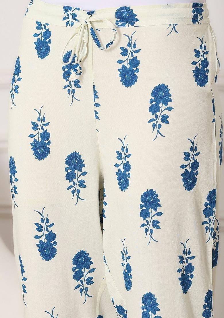 Off White Printed Viscose Kurta Sets - Indya