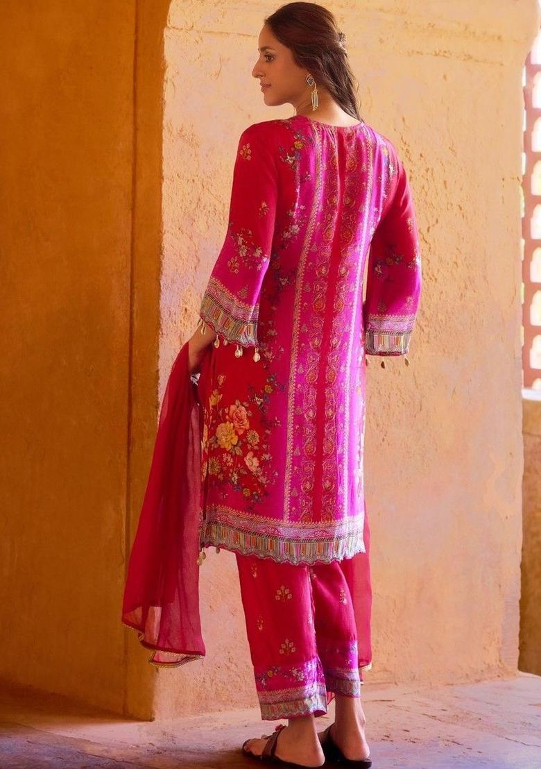Pink Printed Viscose Kurta Sets - Indya