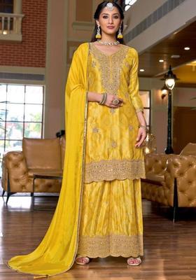 Yellow Embroidered Chinon Kurta Sets