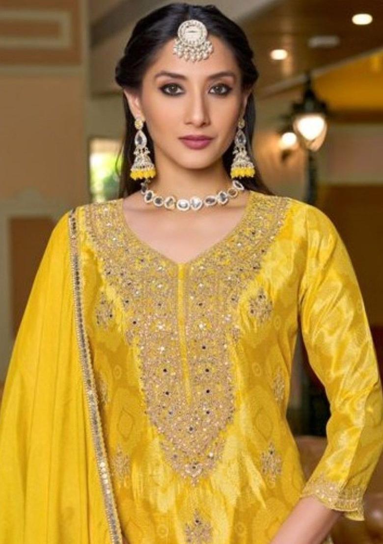 Yellow Embroidered Chinon Kurta Sets - Indya