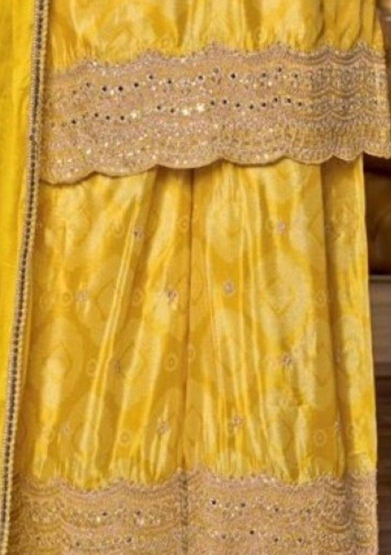 Yellow Embroidered Chinon Kurta Sets - Indya