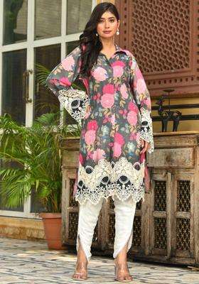 Grey Printed Cotton Kurta Sets