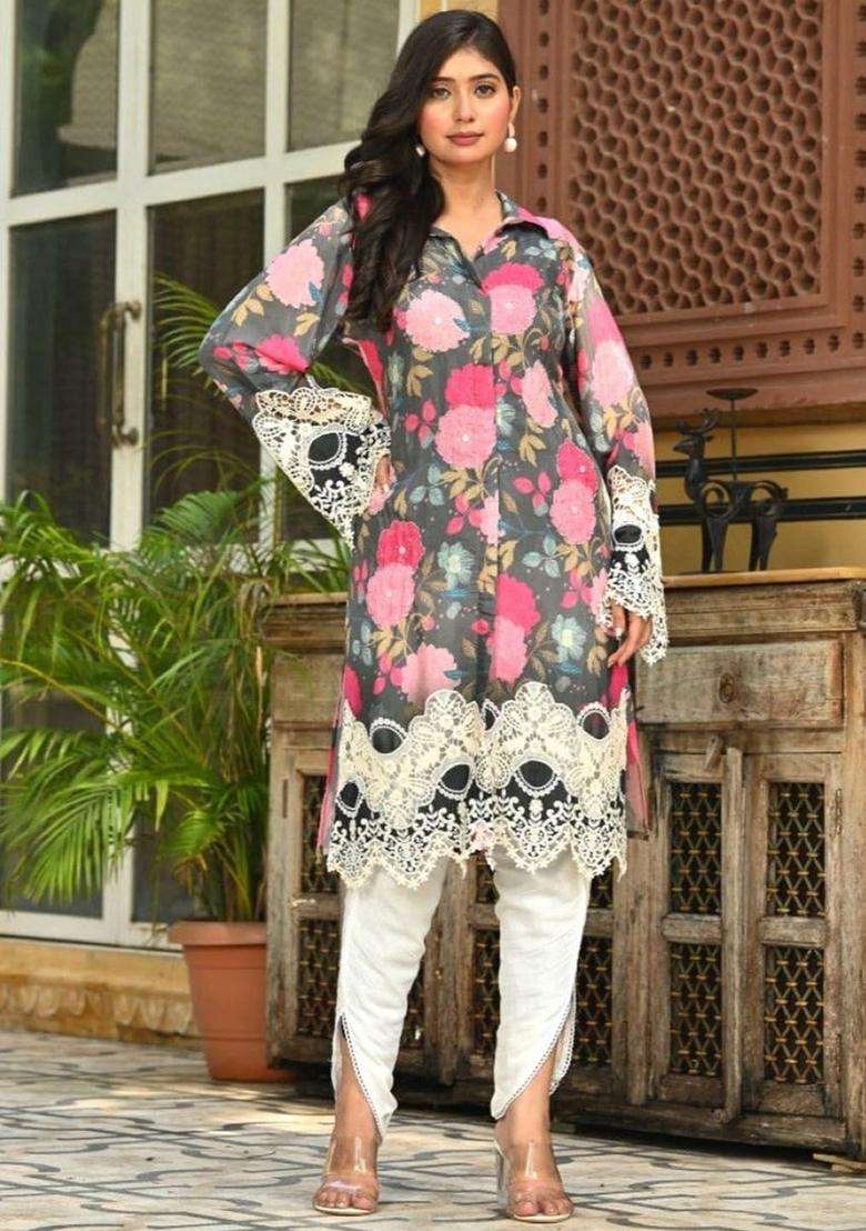 Grey Printed Cotton Kurta Sets - Indya