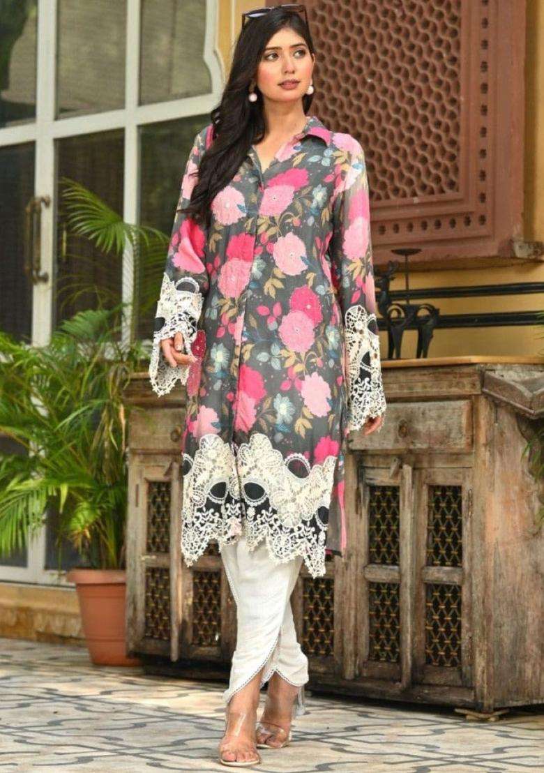 Grey Printed Cotton Kurta Sets - Indya