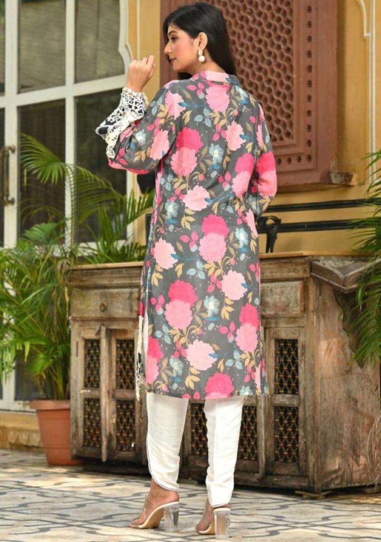 Grey Printed Cotton Kurta Sets - Indya