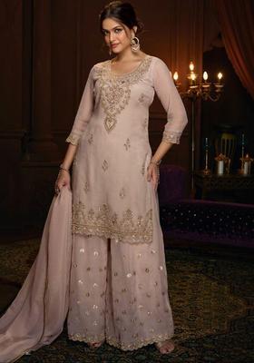 Peach Embroidered Cotton Kurta Sets